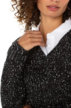 Tops-Liverpool Los Angeles PETITE LONG SLEEVE TWOFER COLLARED SWEATER Blackwithwhiteflecks