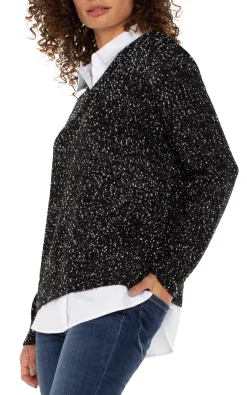 Tops-Liverpool Los Angeles PETITE LONG SLEEVE TWOFER COLLARED SWEATER Blackwithwhiteflecks