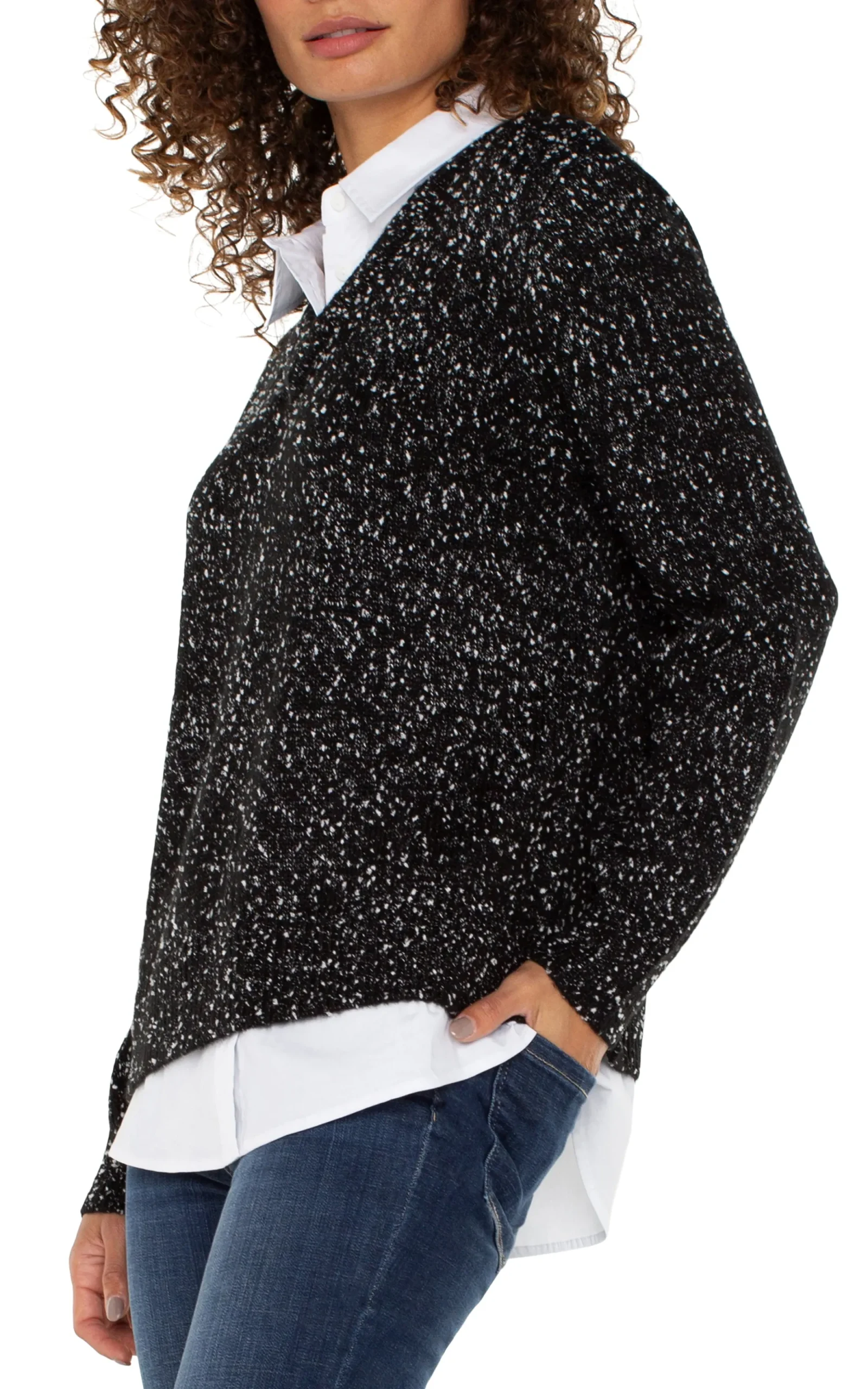 Tops-Liverpool Los Angeles PETITE LONG SLEEVE TWOFER COLLARED SWEATER Blackwithwhiteflecks
