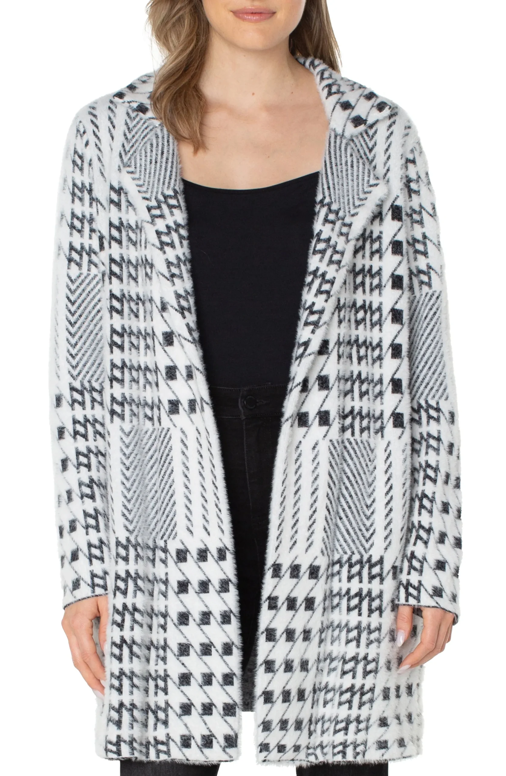 Jackets-Liverpool Los Angeles PETITE OPEN FRONT COATIGAN SWEATER Blackwhitemixedplaid