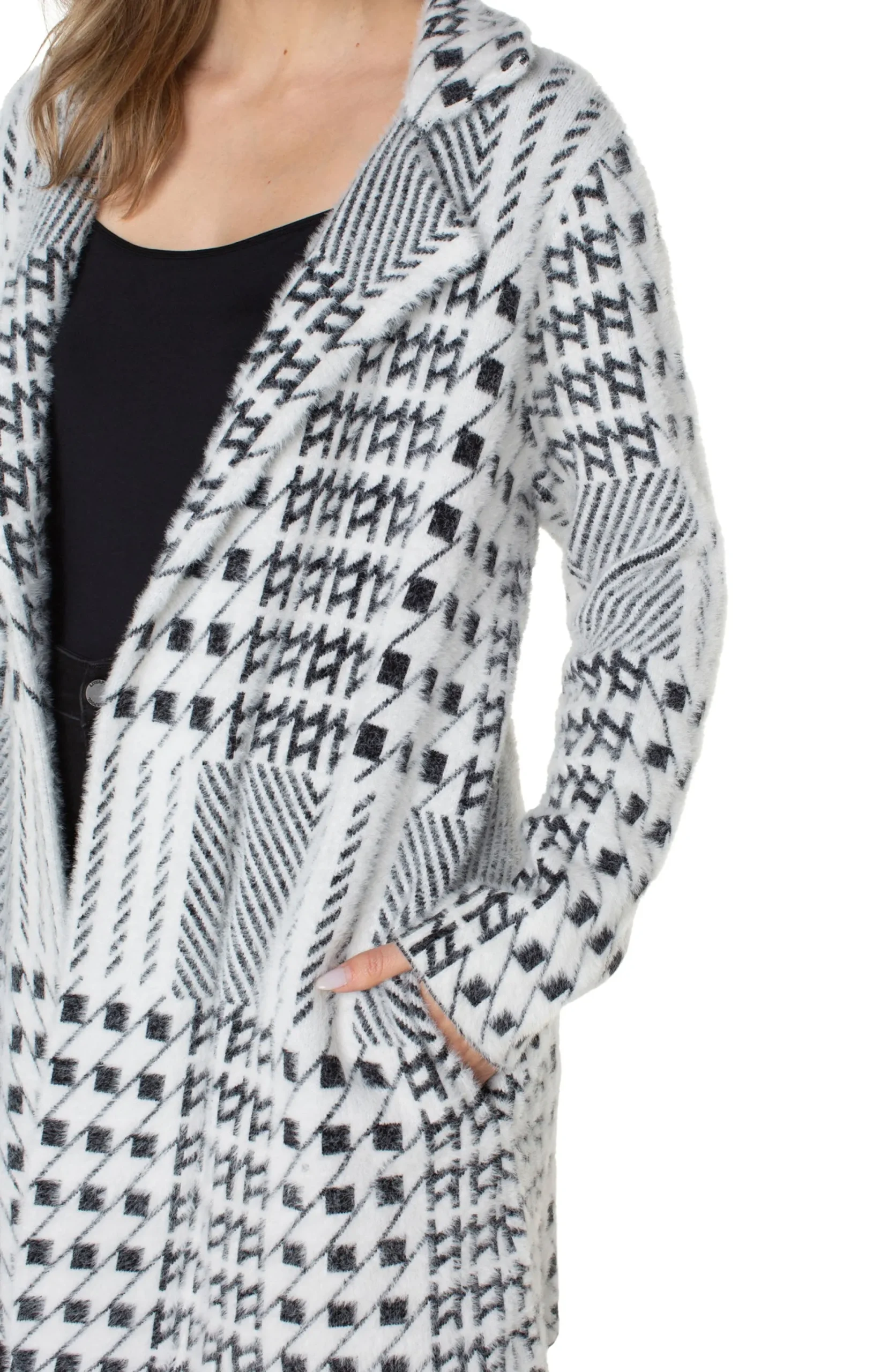 Jackets-Liverpool Los Angeles PETITE OPEN FRONT COATIGAN SWEATER Blackwhitemixedplaid