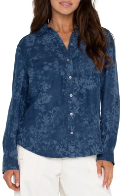 Tops-Liverpool Los Angeles PETITE ROLLED SLEEVE BUTTON DOWN SHIRT Indigofloral