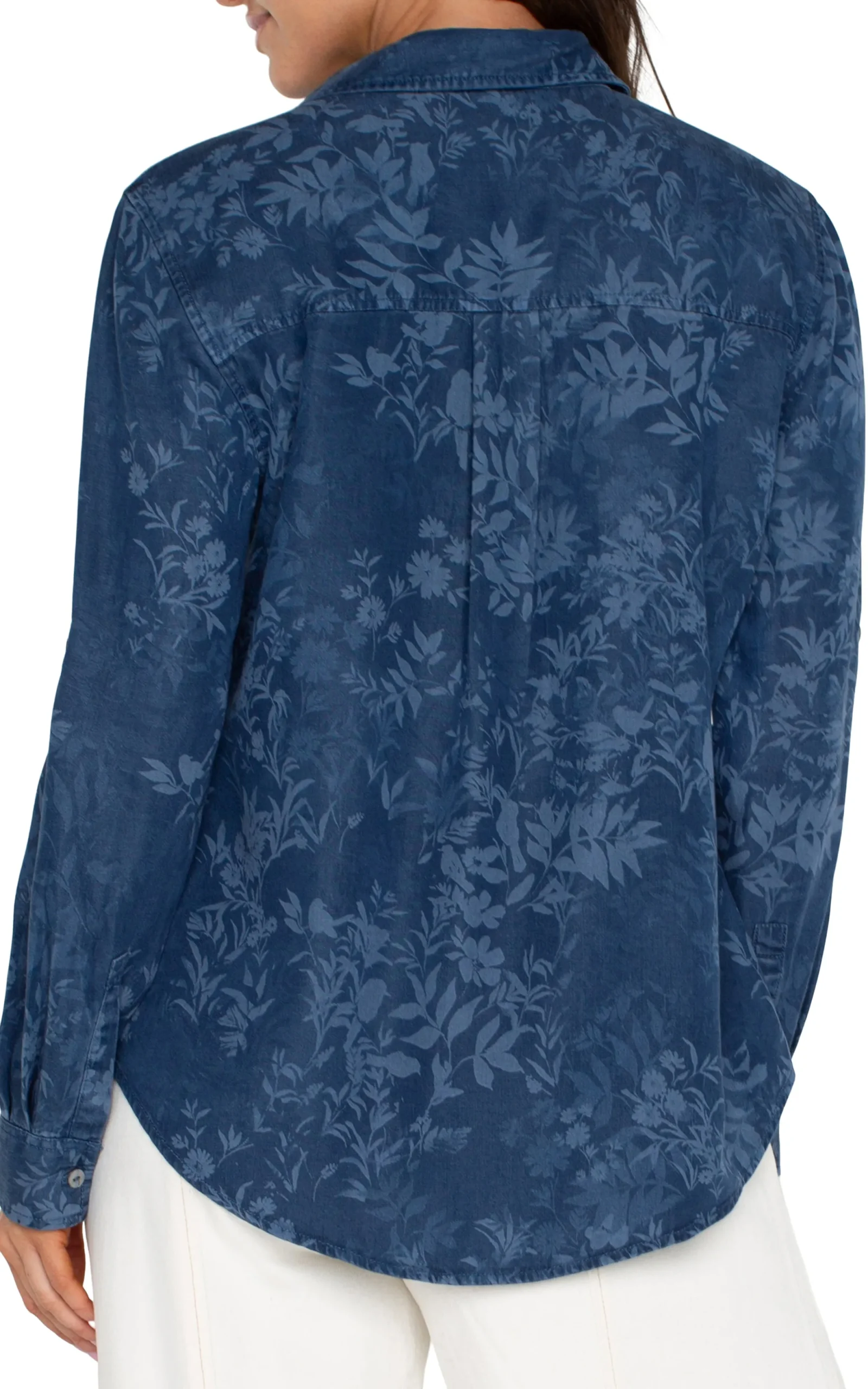 Tops-Liverpool Los Angeles PETITE ROLLED SLEEVE BUTTON DOWN SHIRT Indigofloral