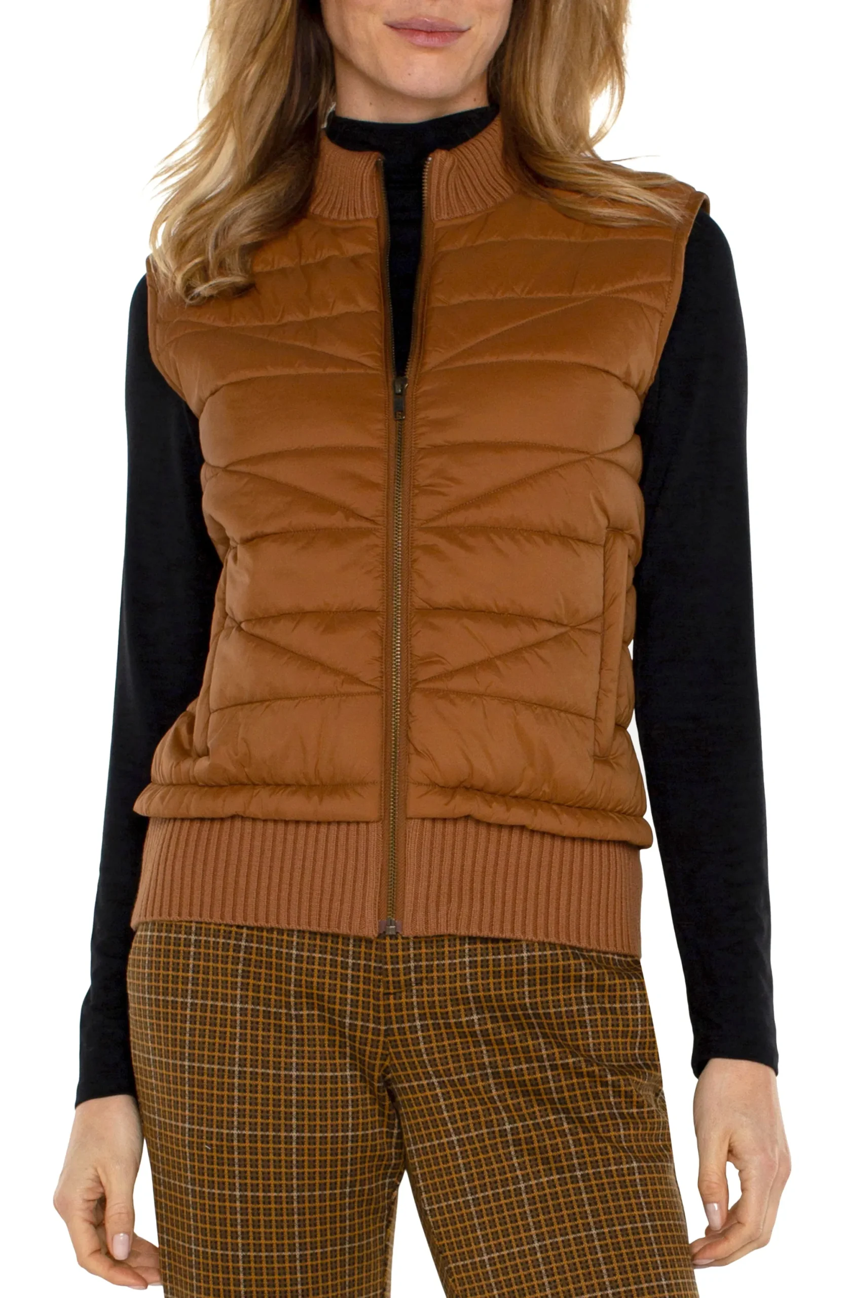 Jackets-Liverpool Los Angeles PETITE SLEEVELESS QUILTED FULL ZIP SWEATER VEST Turmeric