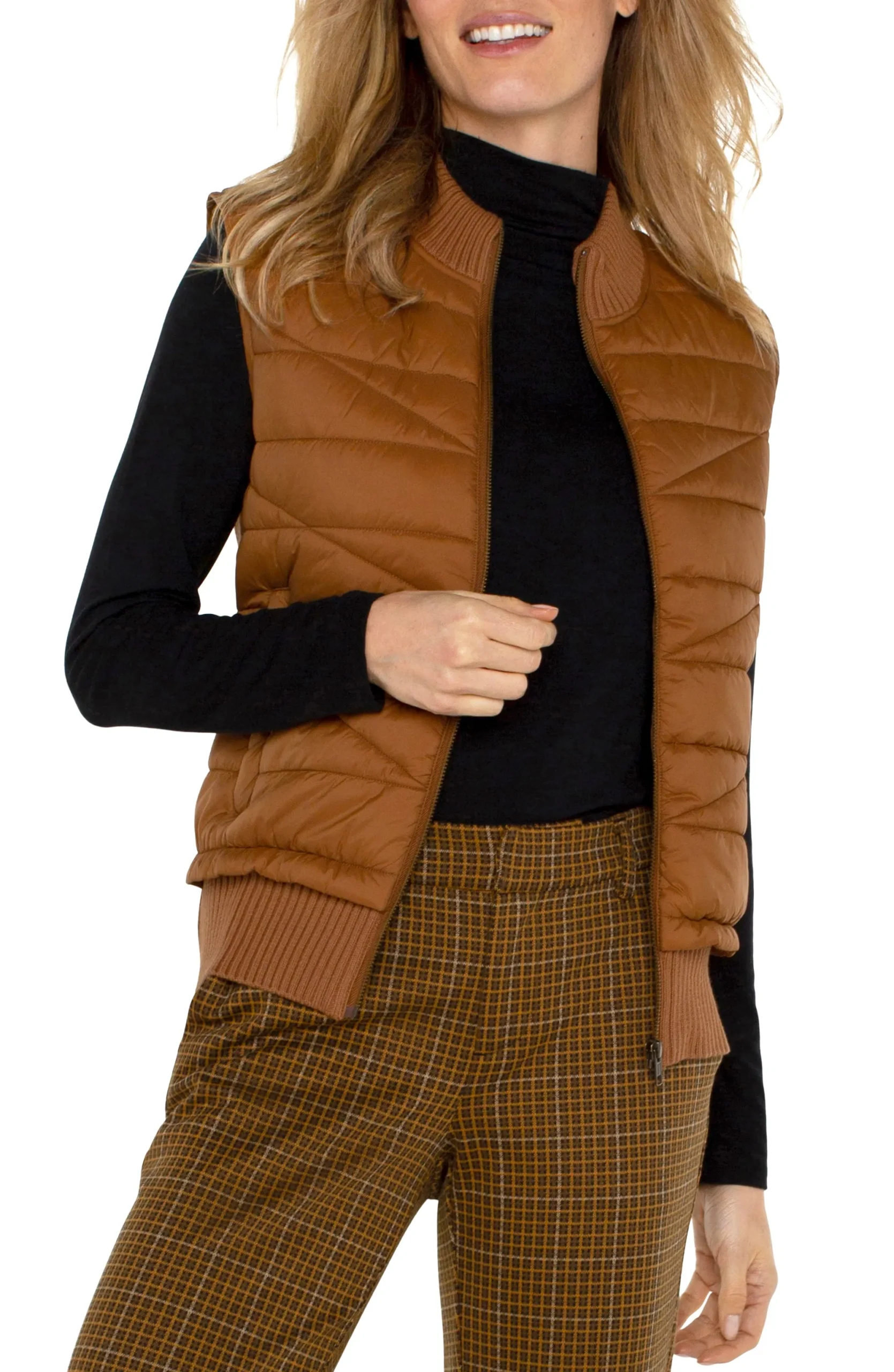Jackets-Liverpool Los Angeles PETITE SLEEVELESS QUILTED FULL ZIP SWEATER VEST Turmeric