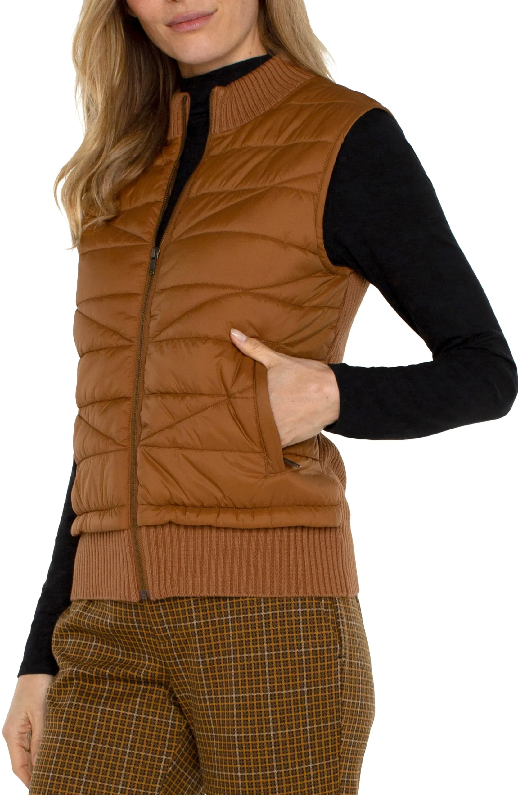 Jackets-Liverpool Los Angeles PETITE SLEEVELESS QUILTED FULL ZIP SWEATER VEST Turmeric