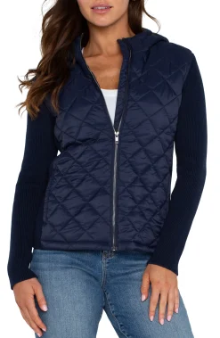 Jackets-Liverpool Los Angeles QUILTED FRONT FULL ZIP HOODED SWEATER Darknavy