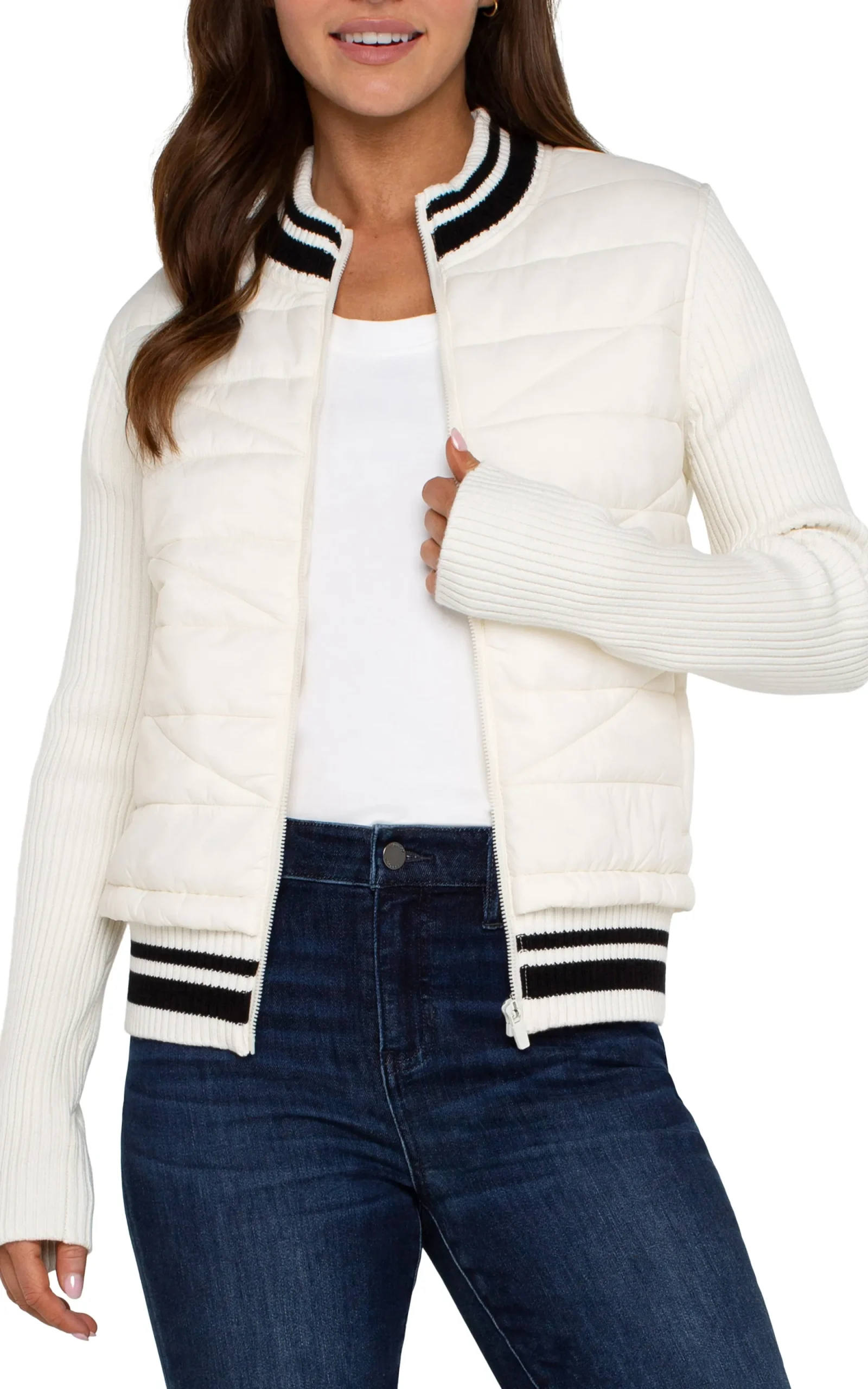 Jackets-Liverpool Los Angeles QUILTED FRONT FULL ZIP SWEATER Porcelain