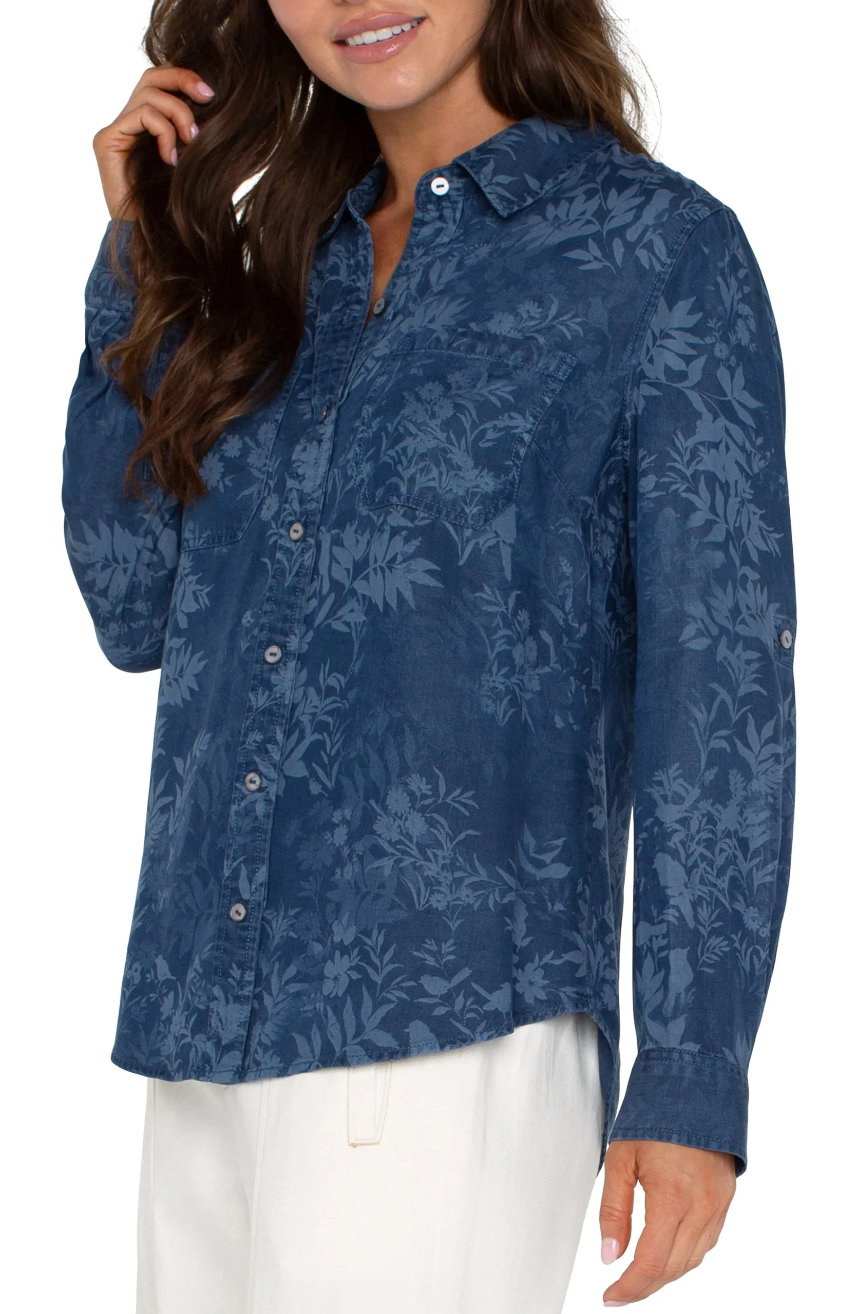 Tops-Liverpool Los Angeles ROLLED SLEEVE BUTTON DOWN SHIRT Indigofloral