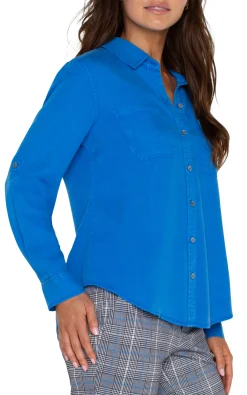 Tops-Liverpool Los Angeles ROLLED SLEEVE BUTTON DOWN WOVEN SHIRT Bluetopaz