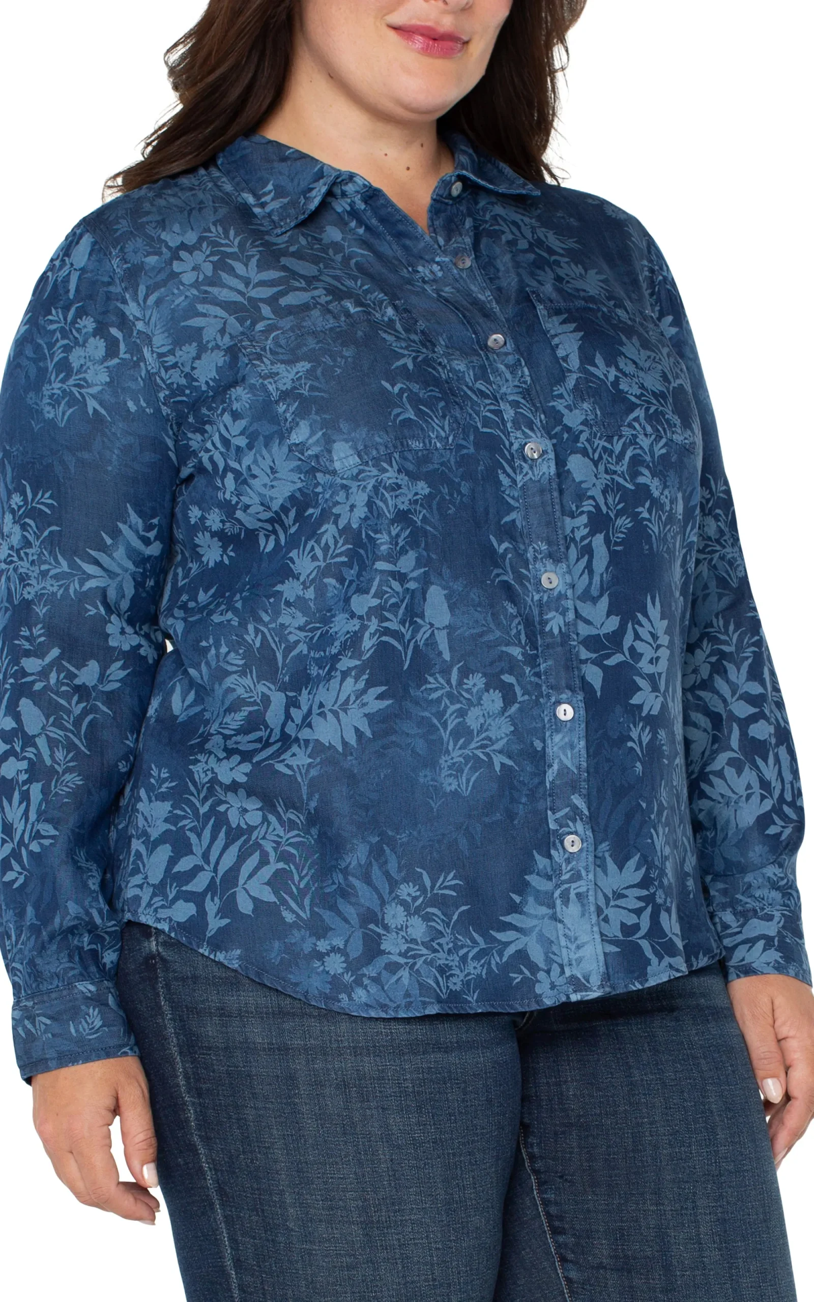 Tops-Liverpool Los Angeles ROLLED SLEEVE BUTTON DOWN SHIRT Indigofloral