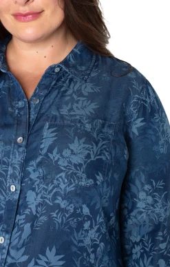 Tops-Liverpool Los Angeles ROLLED SLEEVE BUTTON DOWN SHIRT Indigofloral