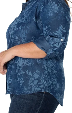 Tops-Liverpool Los Angeles ROLLED SLEEVE BUTTON DOWN SHIRT Indigofloral