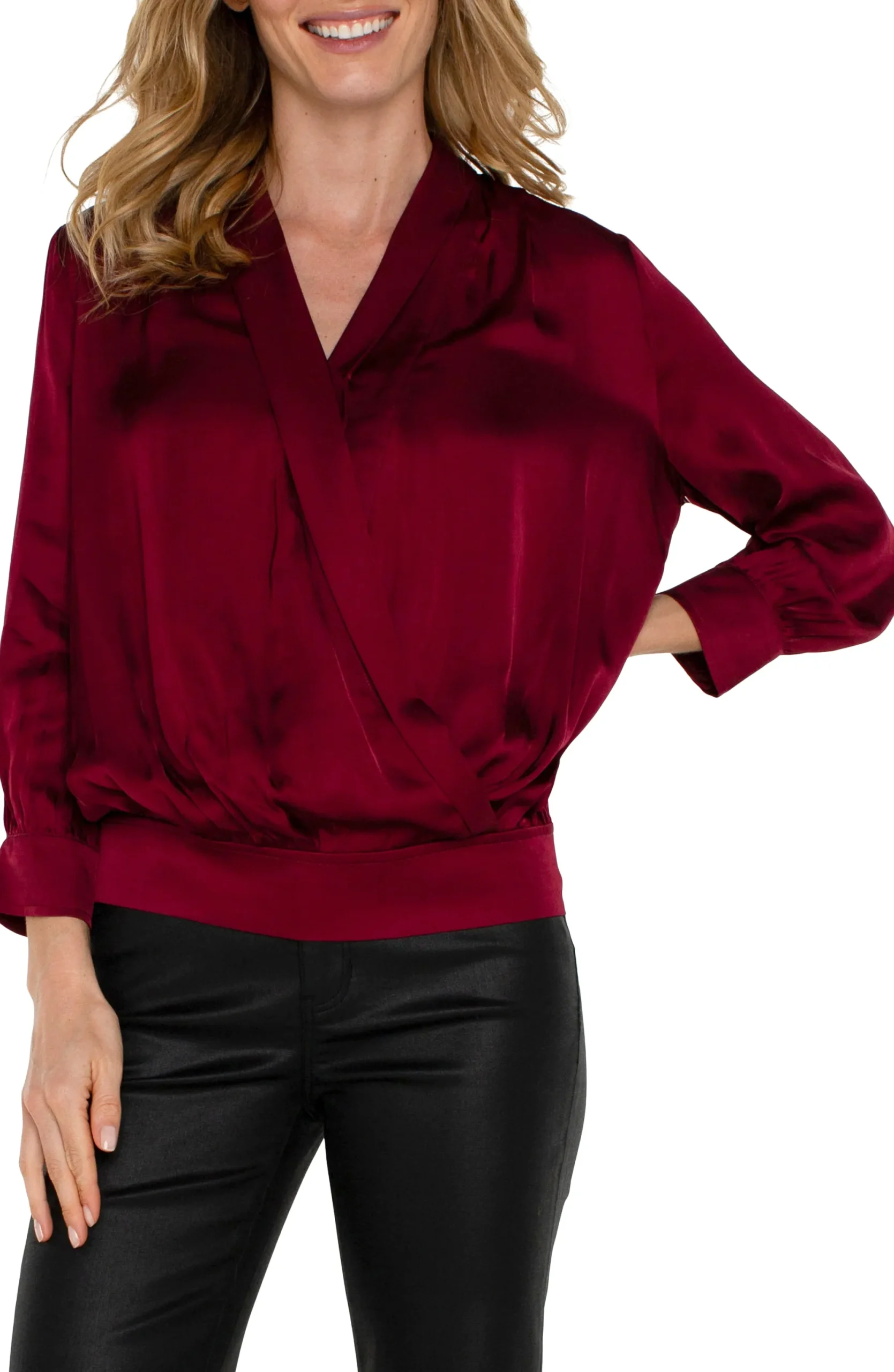 Tops-Liverpool Los Angeles SHAWL WRAP FRONT BRACELET SLEEVE BLOUSE Pinotnoir