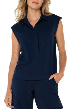 Tops-Liverpool Los Angeles SLEEVELESS CROPPED SHIRT Darknavy