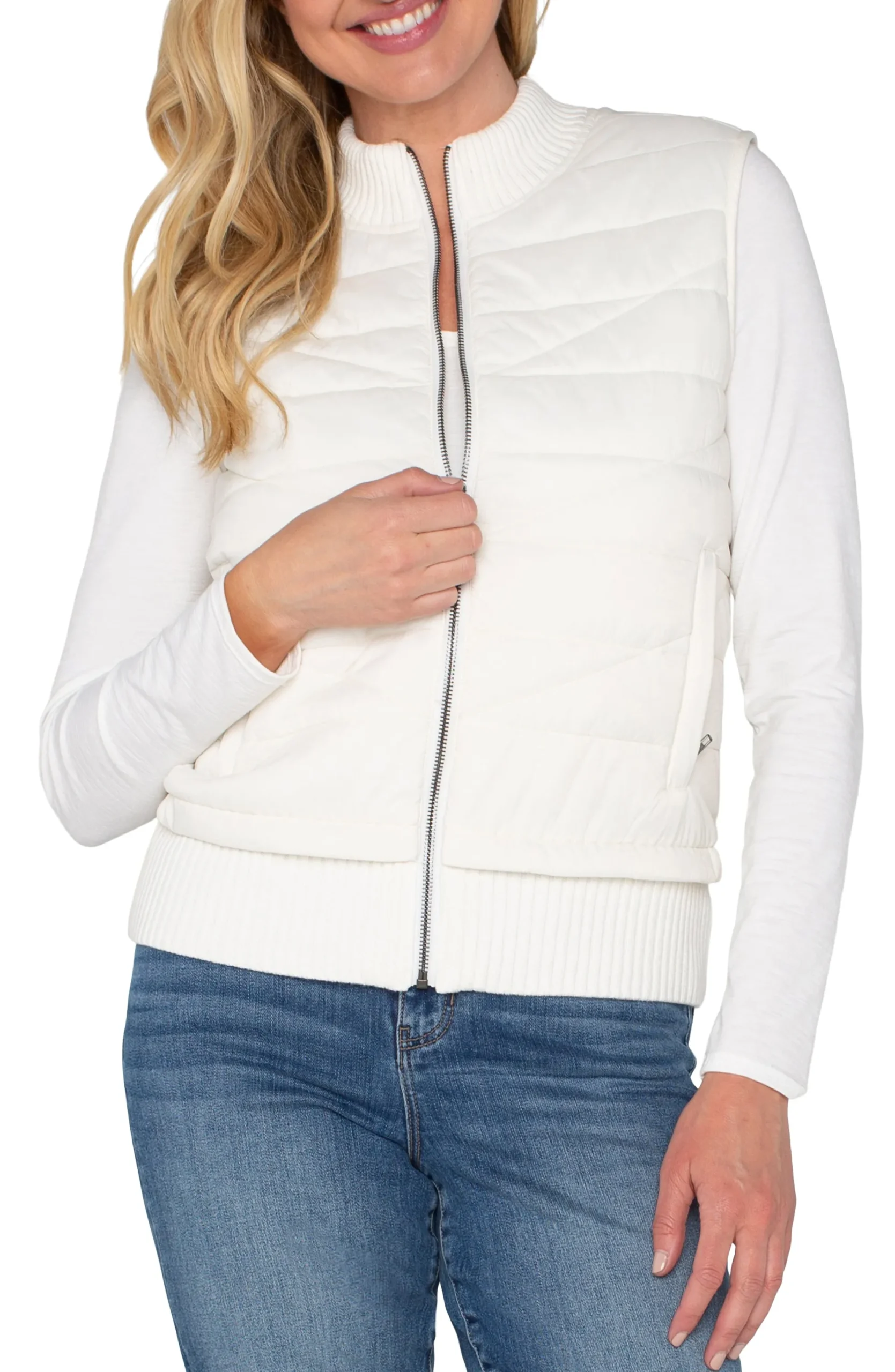 Jackets-Liverpool Los Angeles SLEEVELESS QUILTED FULL ZIP SWEATER VEST Porcelain