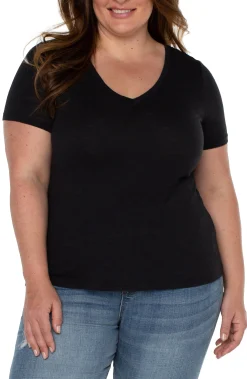 Tops-Liverpool Los Angeles SLIM FIT V-NECK SLUB KNIT TEE Black