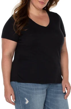 Tops-Liverpool Los Angeles SLIM FIT V-NECK SLUB KNIT TEE Black