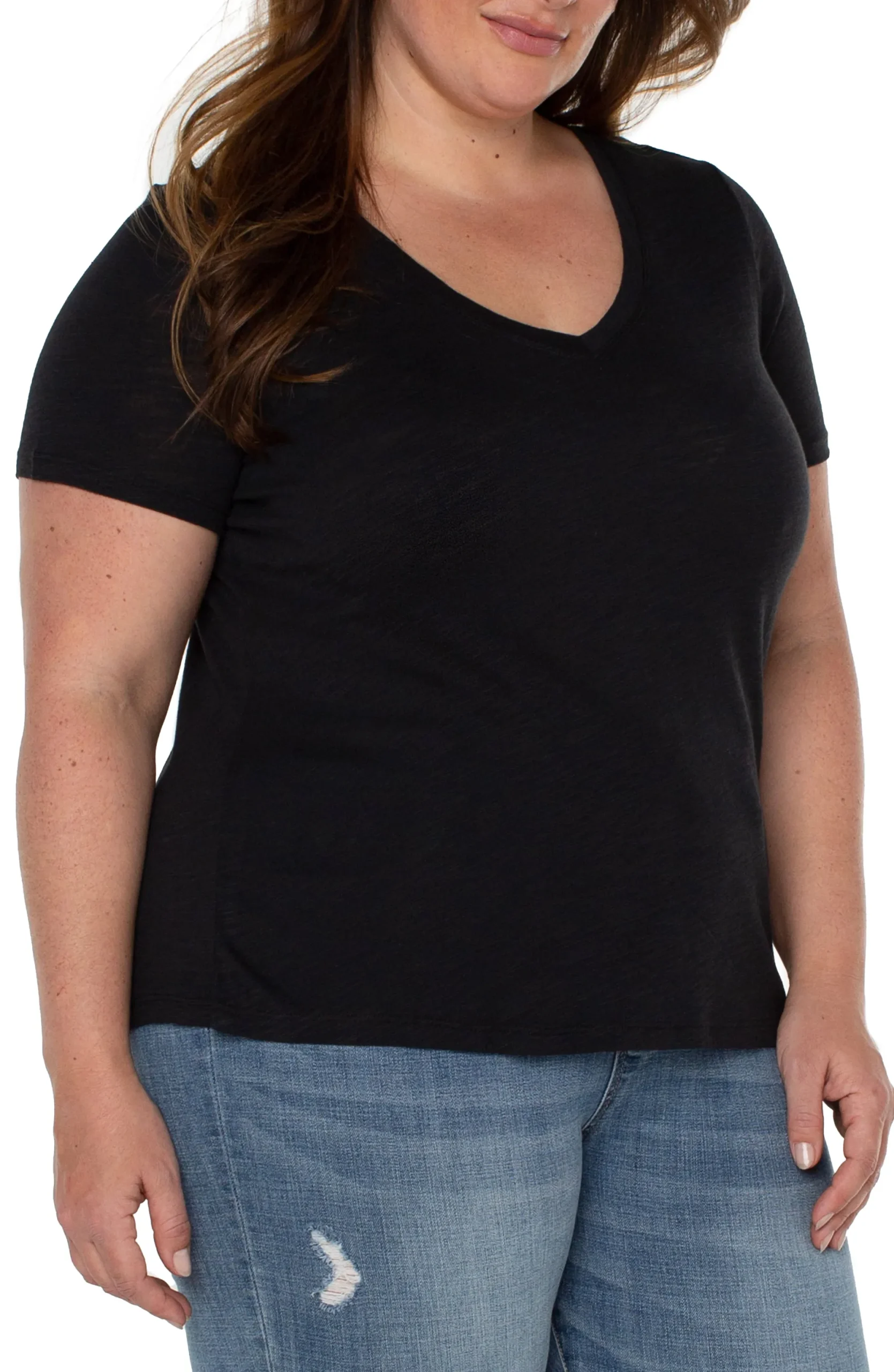 Tops-Liverpool Los Angeles SLIM FIT V-NECK SLUB KNIT TEE Black