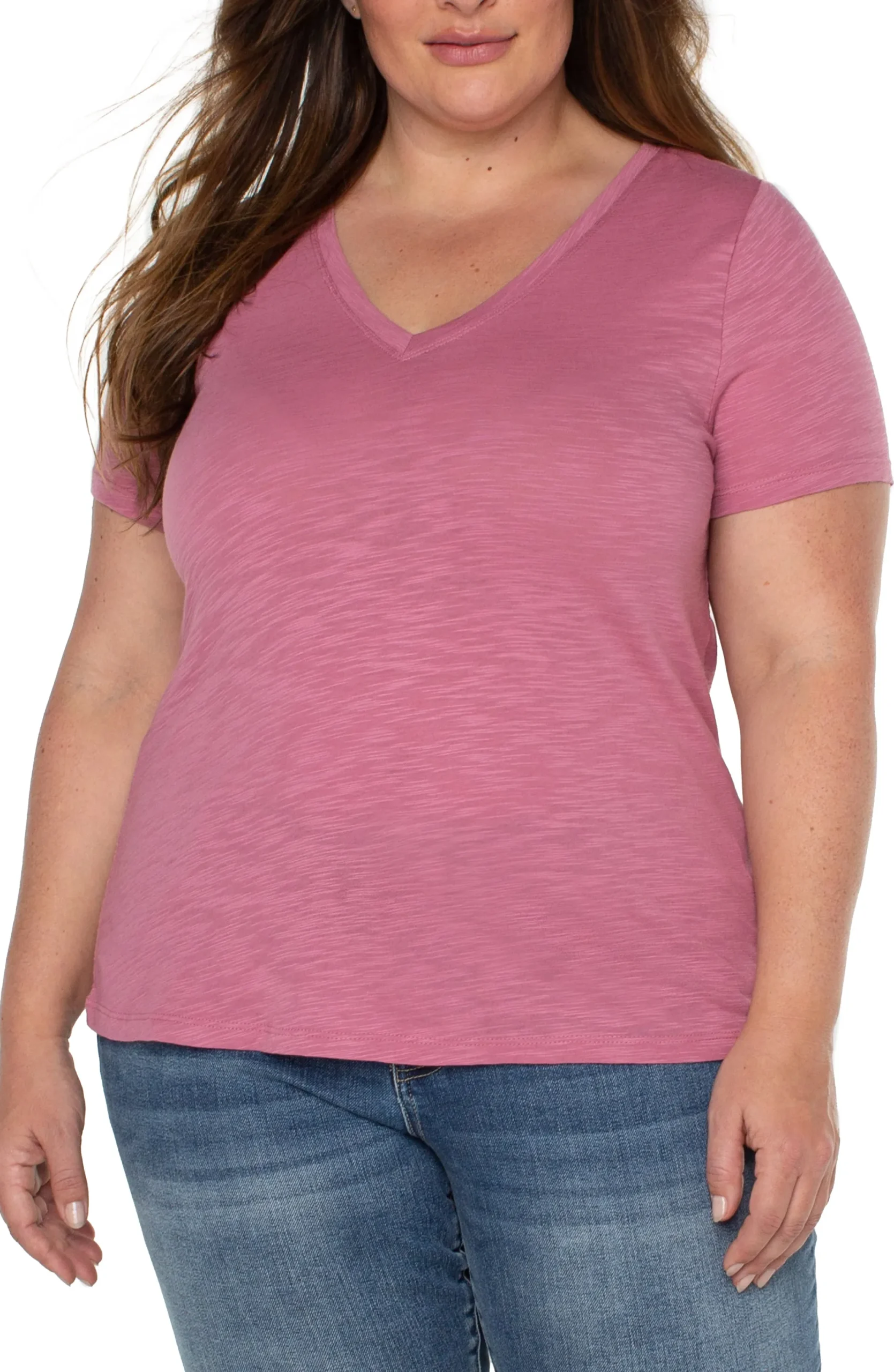 Tops-Liverpool Los Angeles SLIM FIT V-NECK SLUB KNIT TEE Wildrose