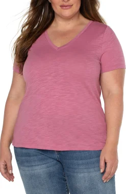 Tops-Liverpool Los Angeles SLIM FIT V-NECK SLUB KNIT TEE Wildrose