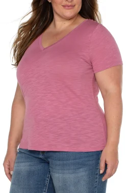 Tops-Liverpool Los Angeles SLIM FIT V-NECK SLUB KNIT TEE Wildrose