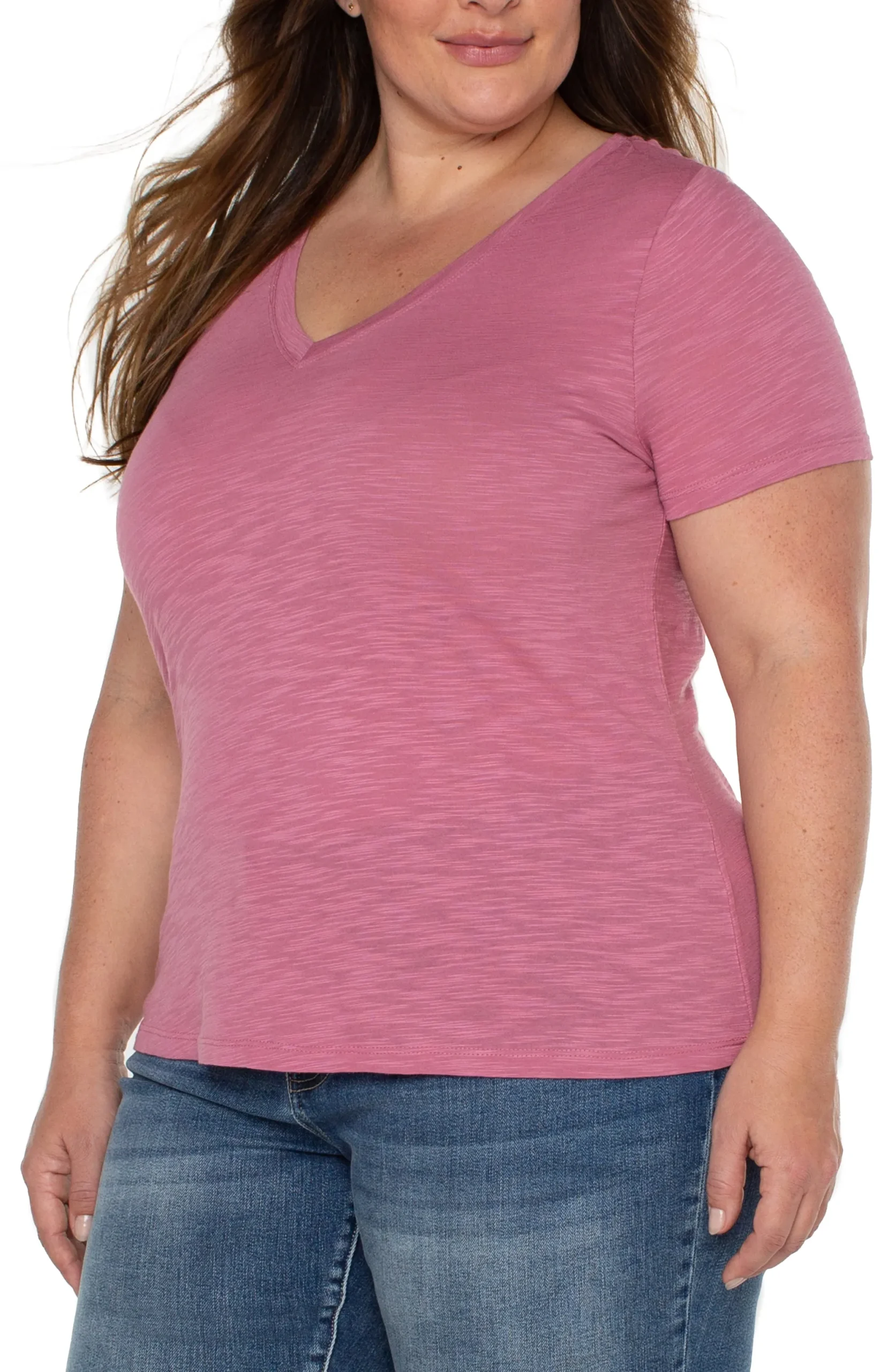 Tops-Liverpool Los Angeles SLIM FIT V-NECK SLUB KNIT TEE Wildrose