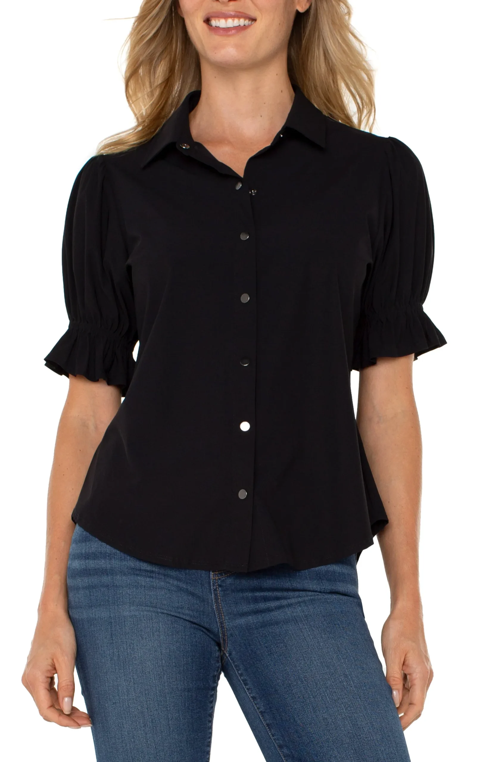 Tops-Liverpool Los Angeles SNAP FRONT KNIT SHIRT Black