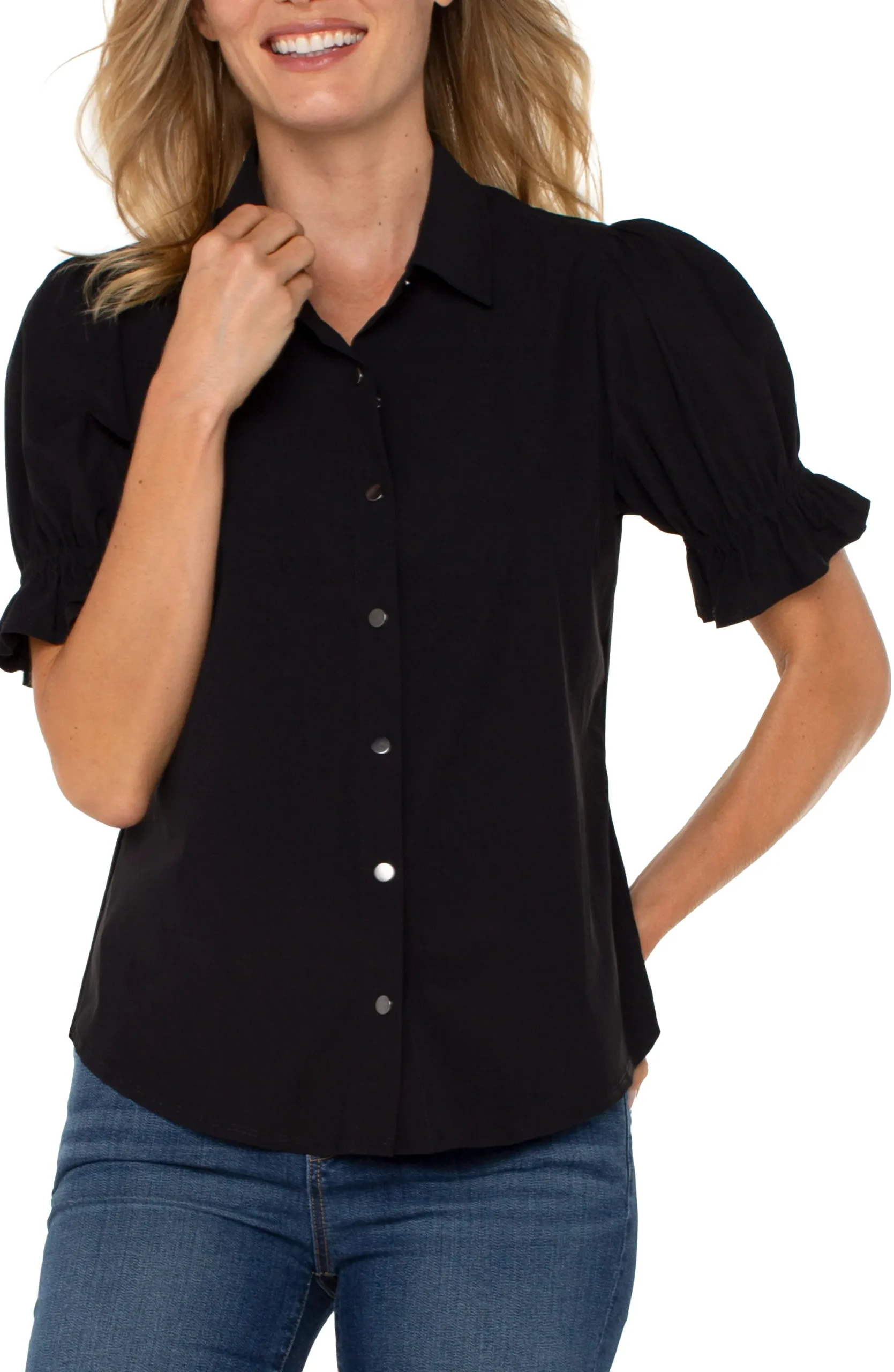 Tops-Liverpool Los Angeles SNAP FRONT KNIT SHIRT Black