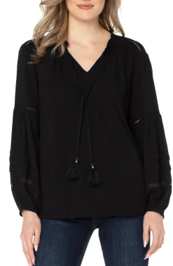 Tops-Liverpool Los Angeles TIE FRONT POPOVER SHIRRED BLOUSE Black