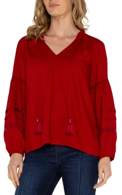 Tops-Liverpool Los Angeles TIE FRONT POPOVER SHIRRED BLOUSE Carnelianred