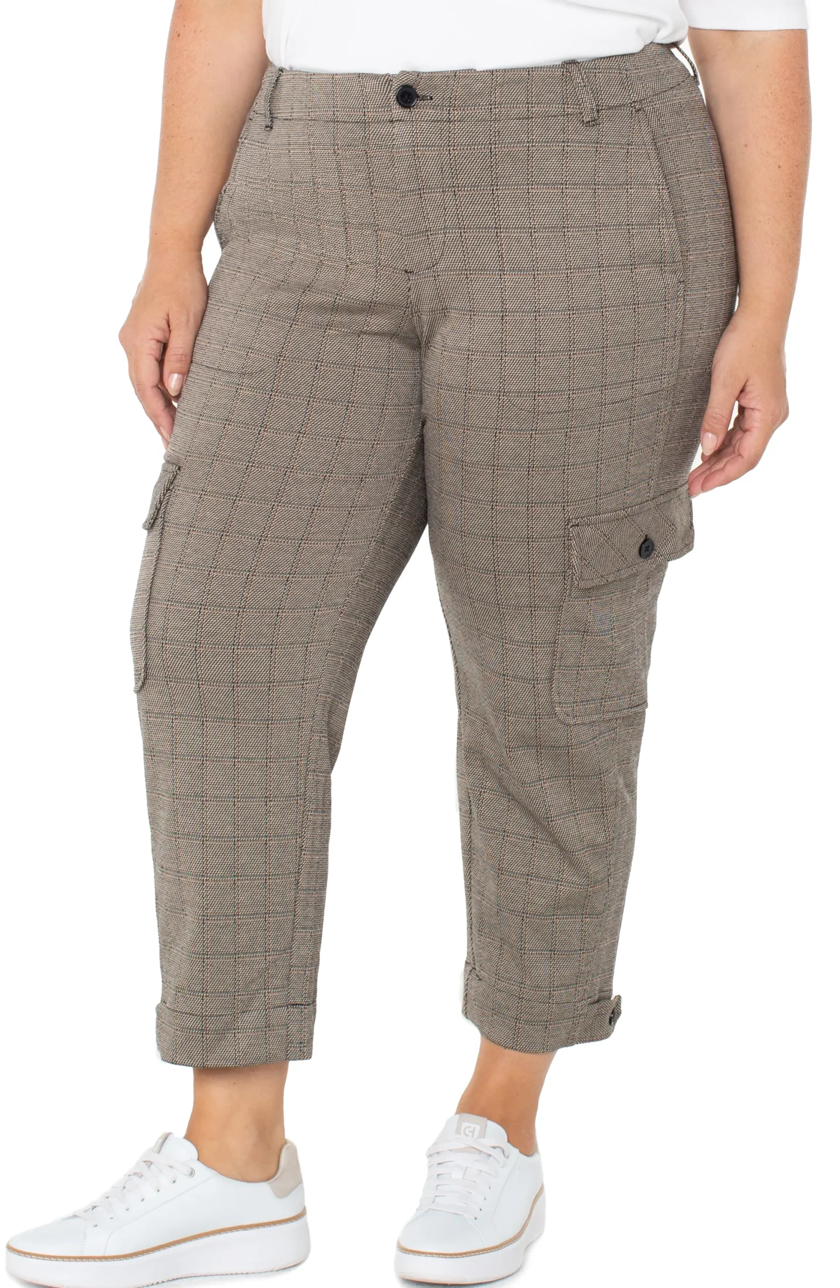 Pants-Liverpool Los Angeles UTILITY CARGO CROP WITH TAB HEM Peppercornplaid