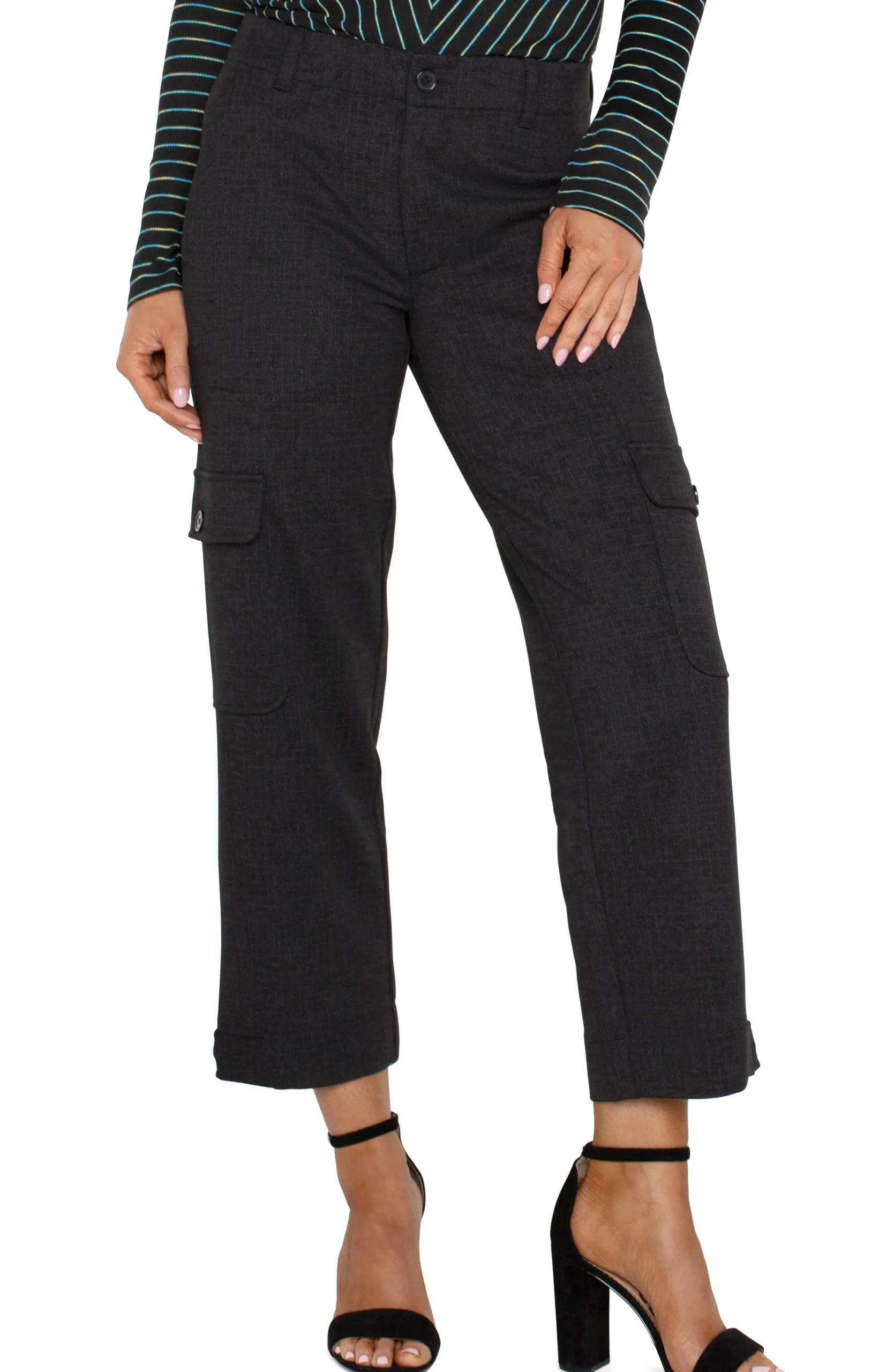Pants|Utility Pants-Liverpool Los Angeles UTILITY CARGO CROP WITH TAB HEM Blackcrosshatch