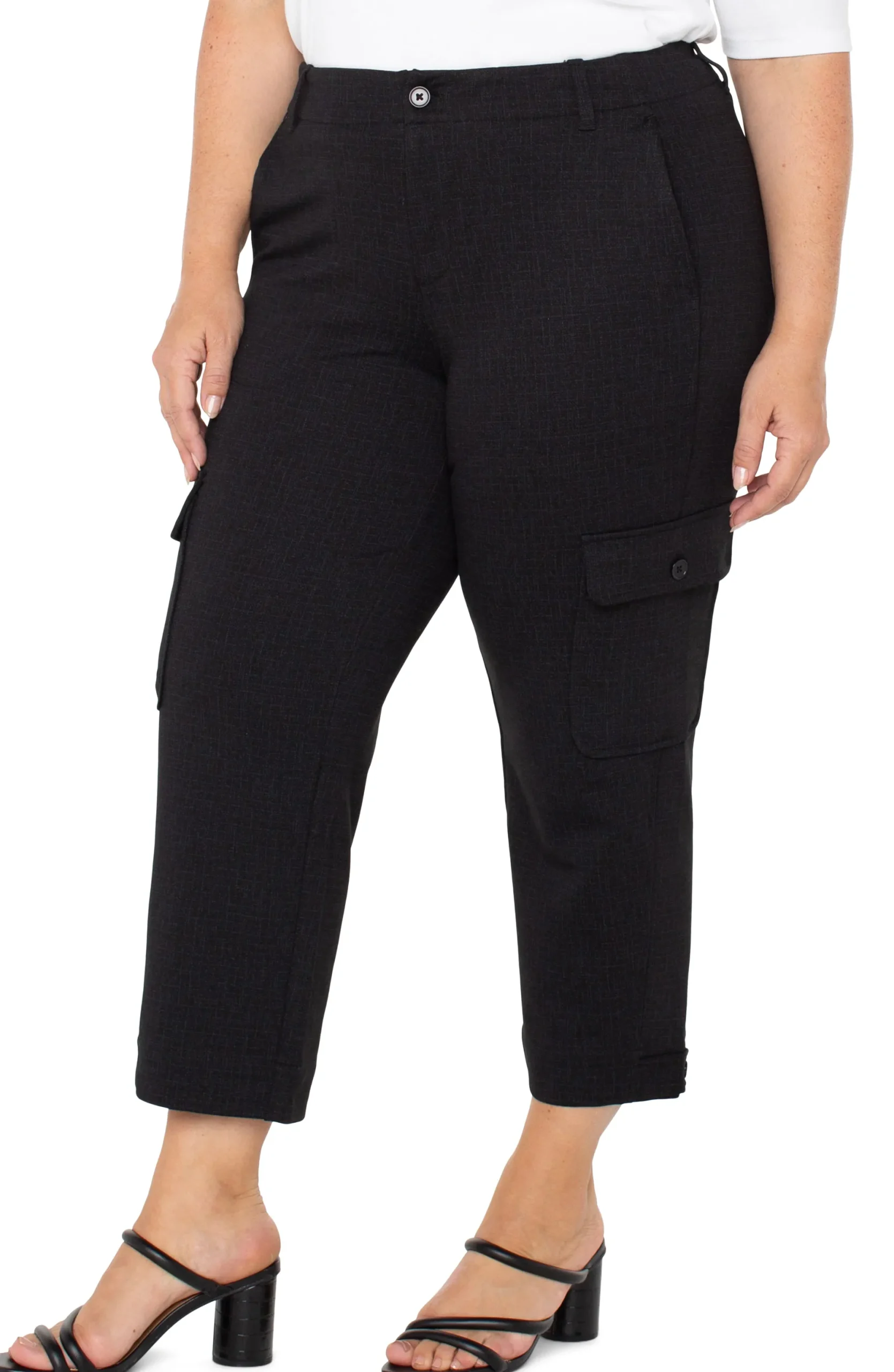Pants-Liverpool Los Angeles UTILITY CARGO CROP WITH TAB HEM Blackcrosshatch